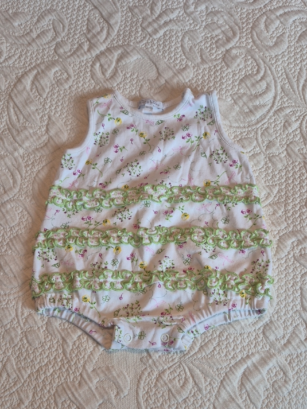Kissy Kissy girls size 6-9 months sleeveless romper white purple green EUC